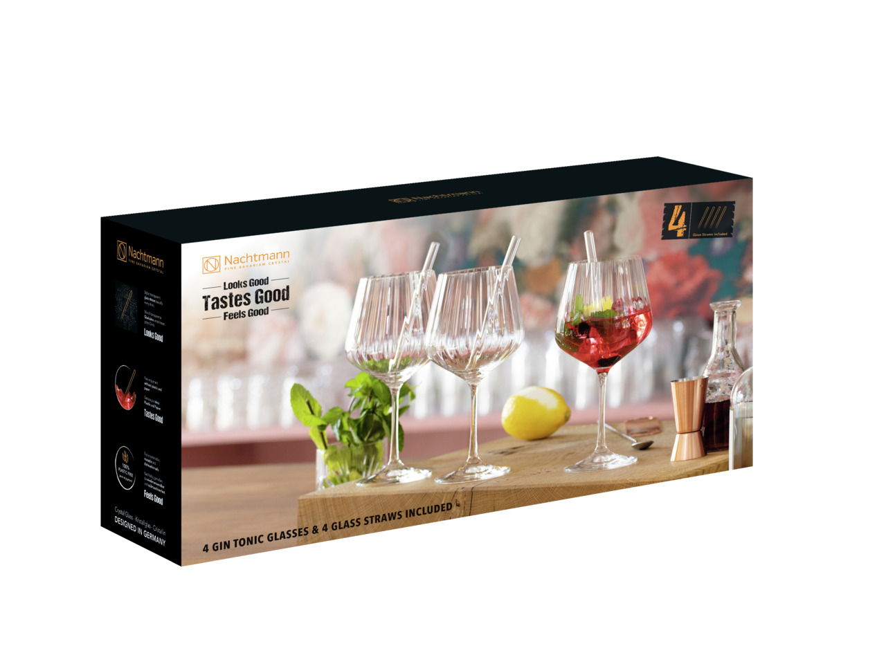 Nachtmann 4er-Set Gin Tonic-Gläser + Glas-Trinkhalme TASTES GOOD