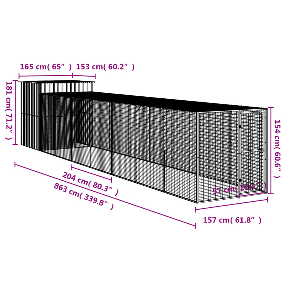 Poulailler avec cour anthracite 165x863x181 cm acier galvanisé