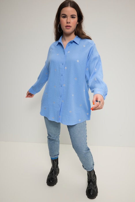 Hemdbluse, oversized, Musselin, Hemdkragen, Langarm, Stickerei