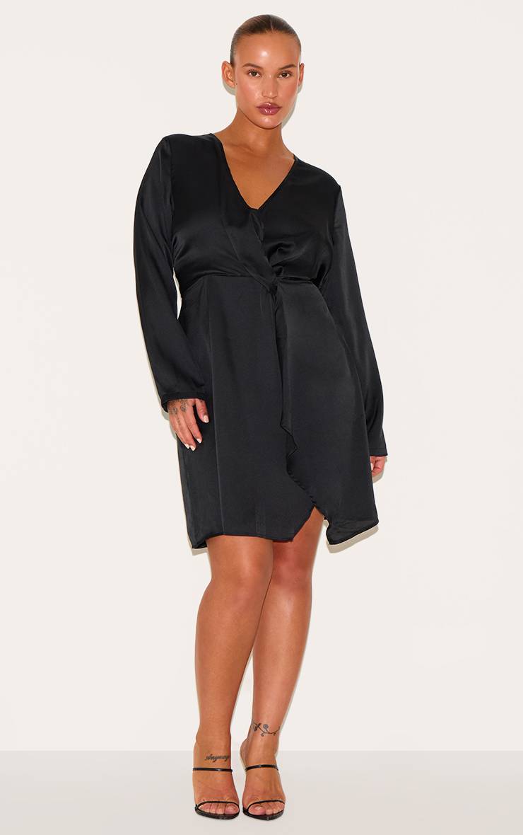 Noir Robe Portefeuille Satinée À Manches Longues Grande Taille