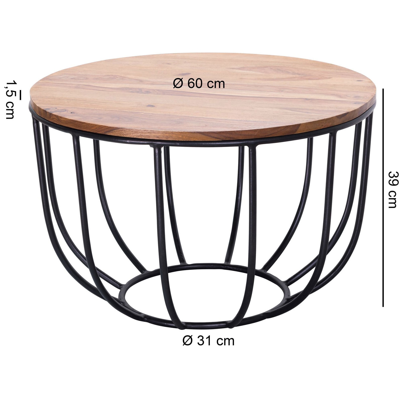 Couchtisch rund 60 x 39 cm Sheesham massiv/schwarz