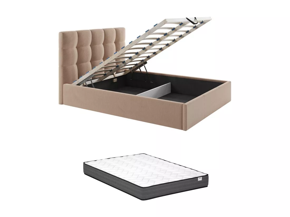 Lit coffre 140 x 190 cm - Velours - Beige + Matelas - MIRDAL de Pascal Morabito