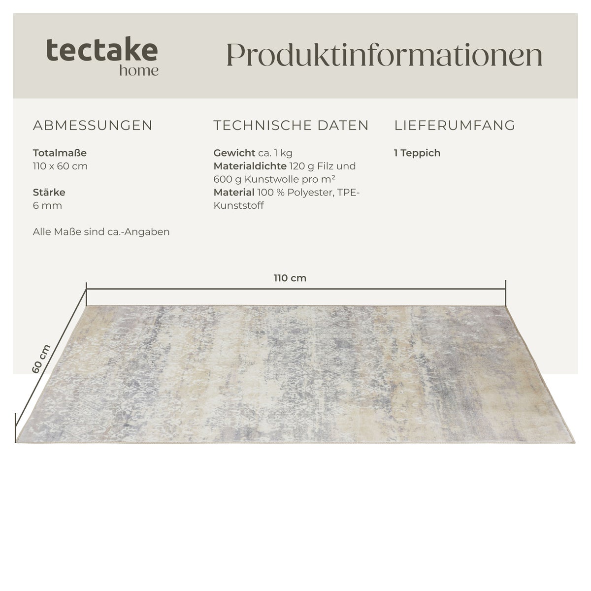 Vintage design vloerkleed tectake Dalia, diverse maten, antislip achterkant
