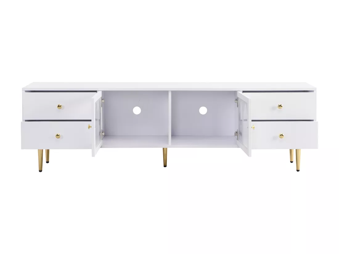 Meuble TV 170cm - 4 tiroirs et 2 portes - poignées et pieds dorés - Blanc