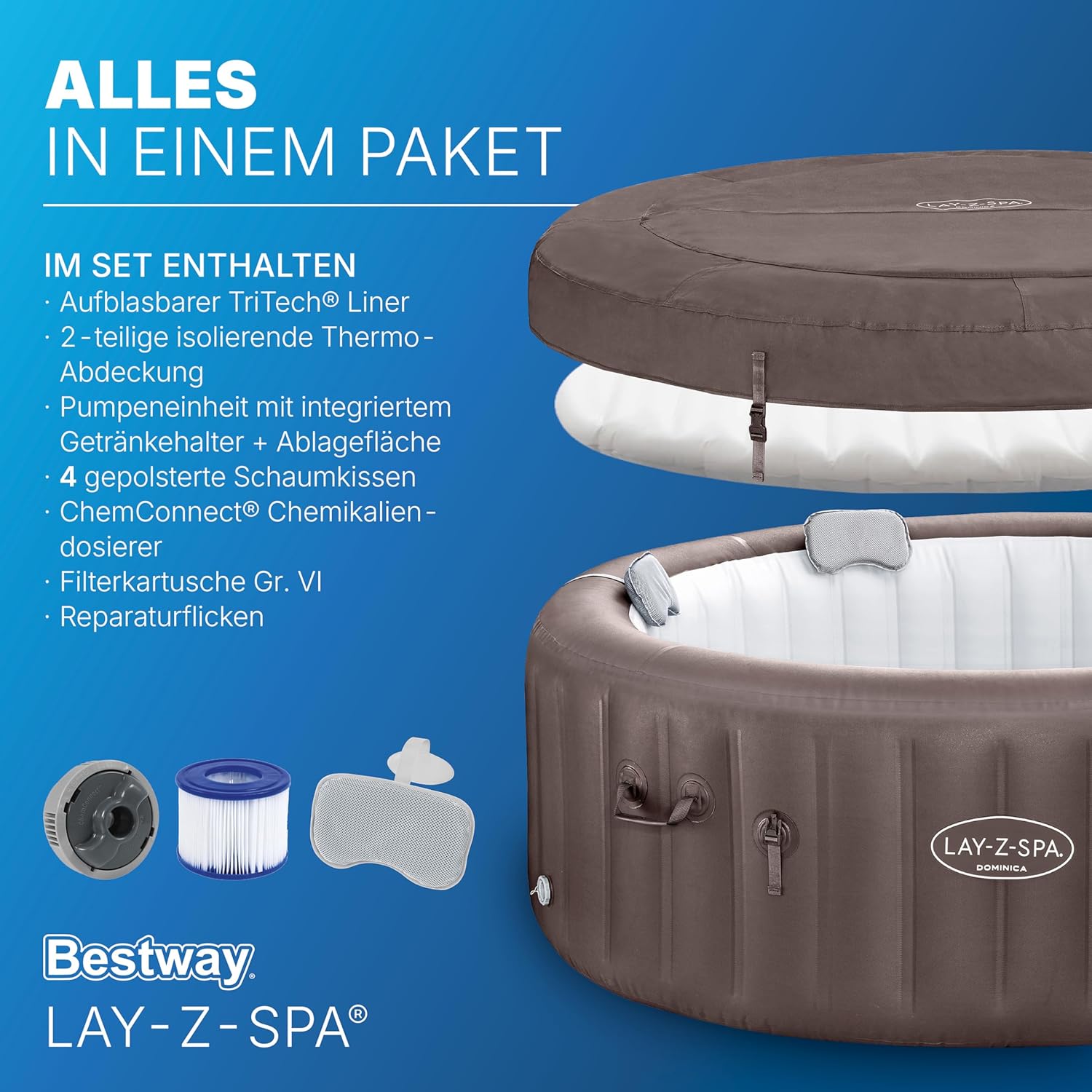 Bestway® Lay-Z-SPA® Energiespar-Whirlpool Dominica HydroJet™ mit App-Steuerung, für 6 Personen Ø 196 x 71 cm, Urbanbraun