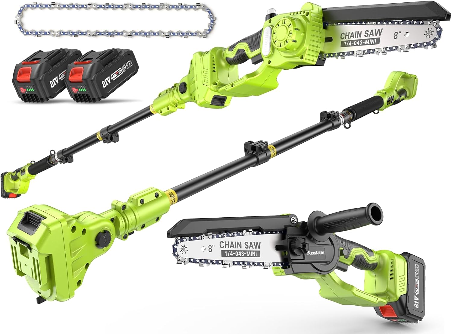 2-in-1 Akku Hochentaster & 8 Zoll Mini Kettensäge, Astsäge mit 4000 mAh Akku, Teleskopstange bis 4,8m, 800W Bürstenloser Motor – Für Baum- und Gartenpflege