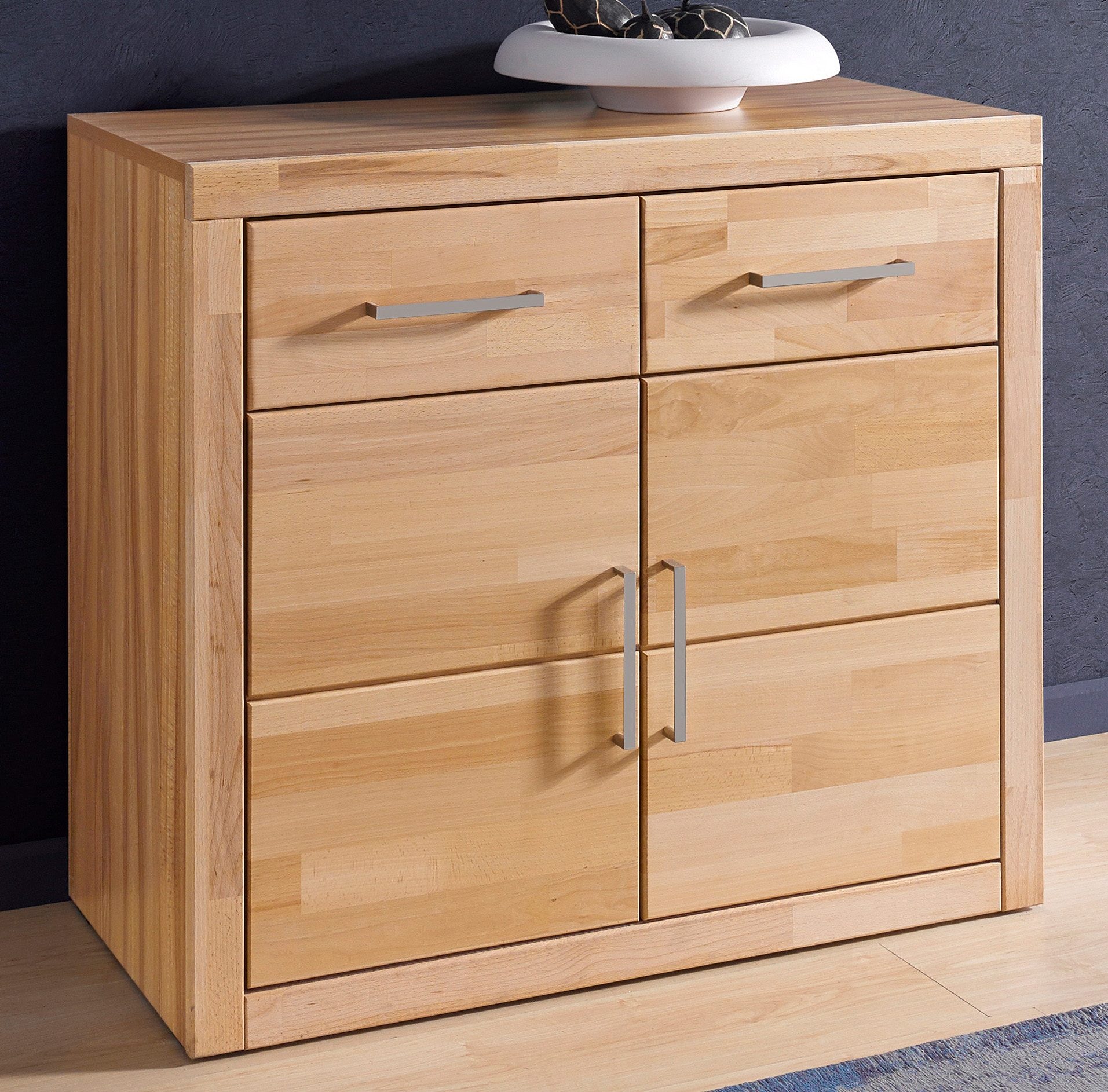 Home affaire Kommode »Logo,90cm breit,42 cm tief, Fronten Massivholz,2 Türen,2 Schubladen« Holz massiv, Holzwerkstoff,2 breite Fächer,Boden versetzbar
