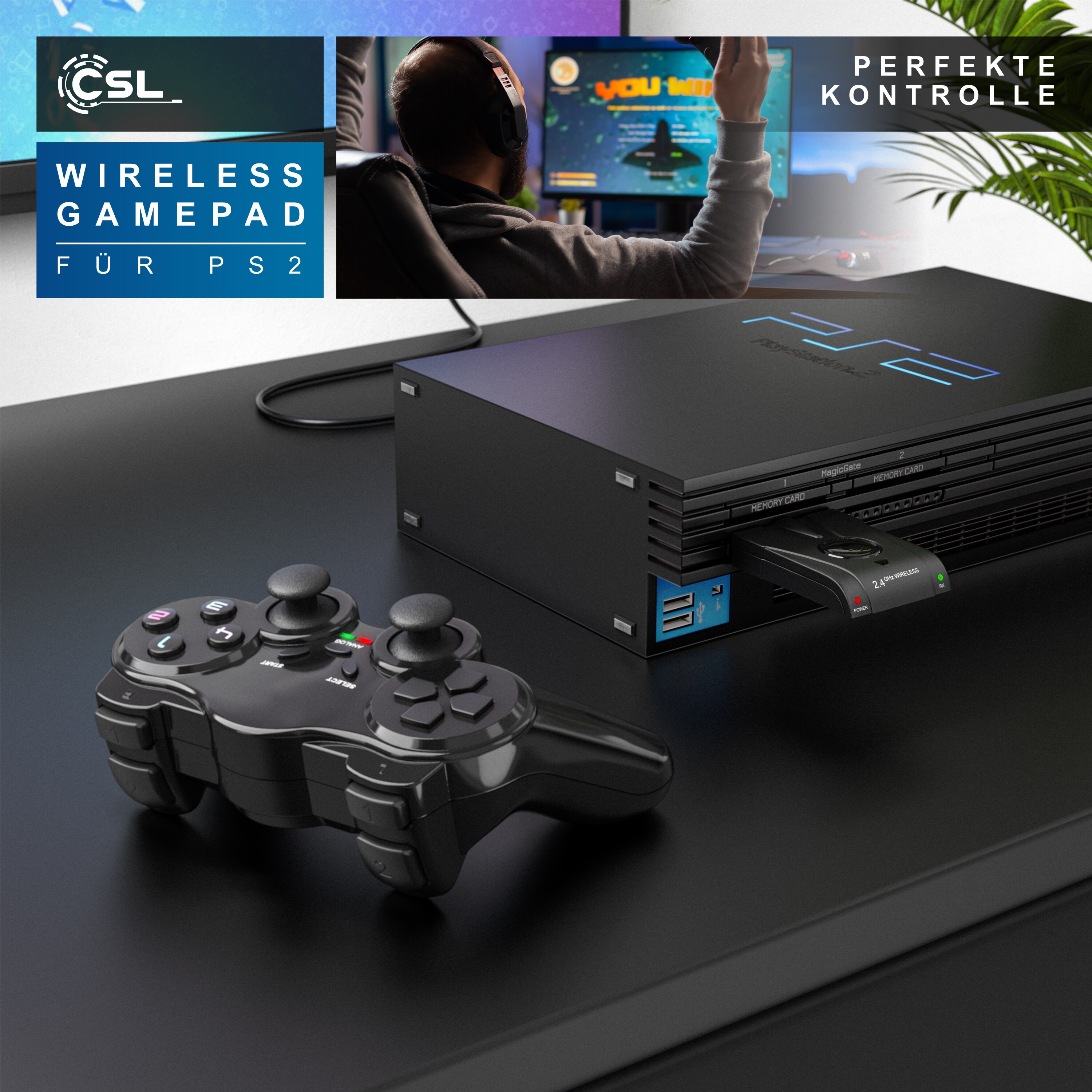 CSL PlayStation-Controller, Wireless PS2 Gamepad, 2,4 GHz Funk Adapter mit Dual Vibration