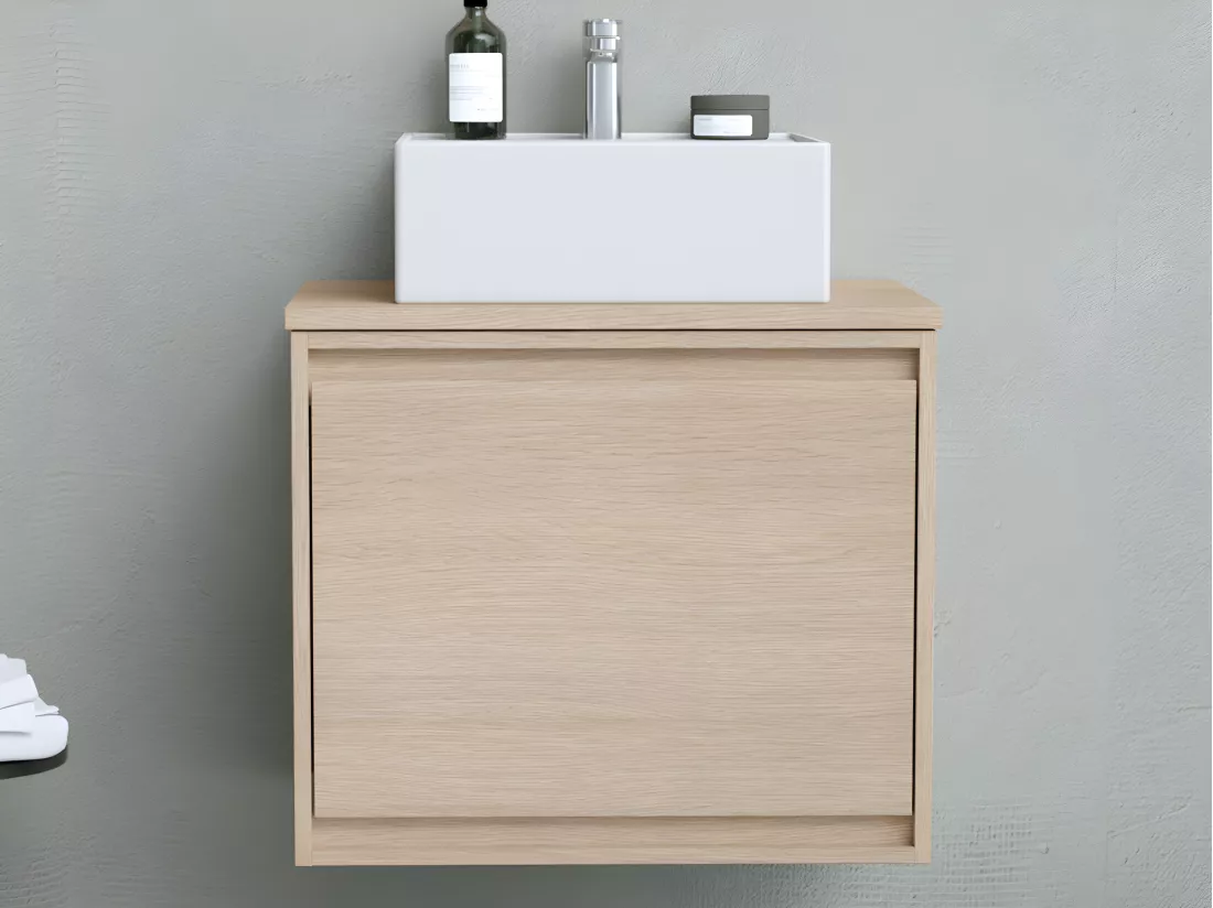 Meuble de salle de bain suspendu avec vasque à poser en céramique - Placage chêne - 60 cm - MESLIVA