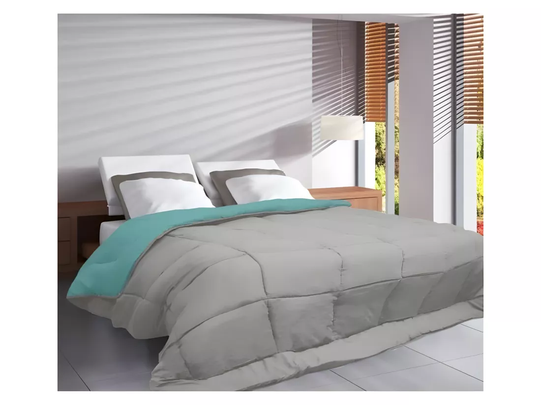POYET MOTTE Couette Microfibre 400g/m2 CALGARY - 140 x 200 cm - Gris galet et Vert lac