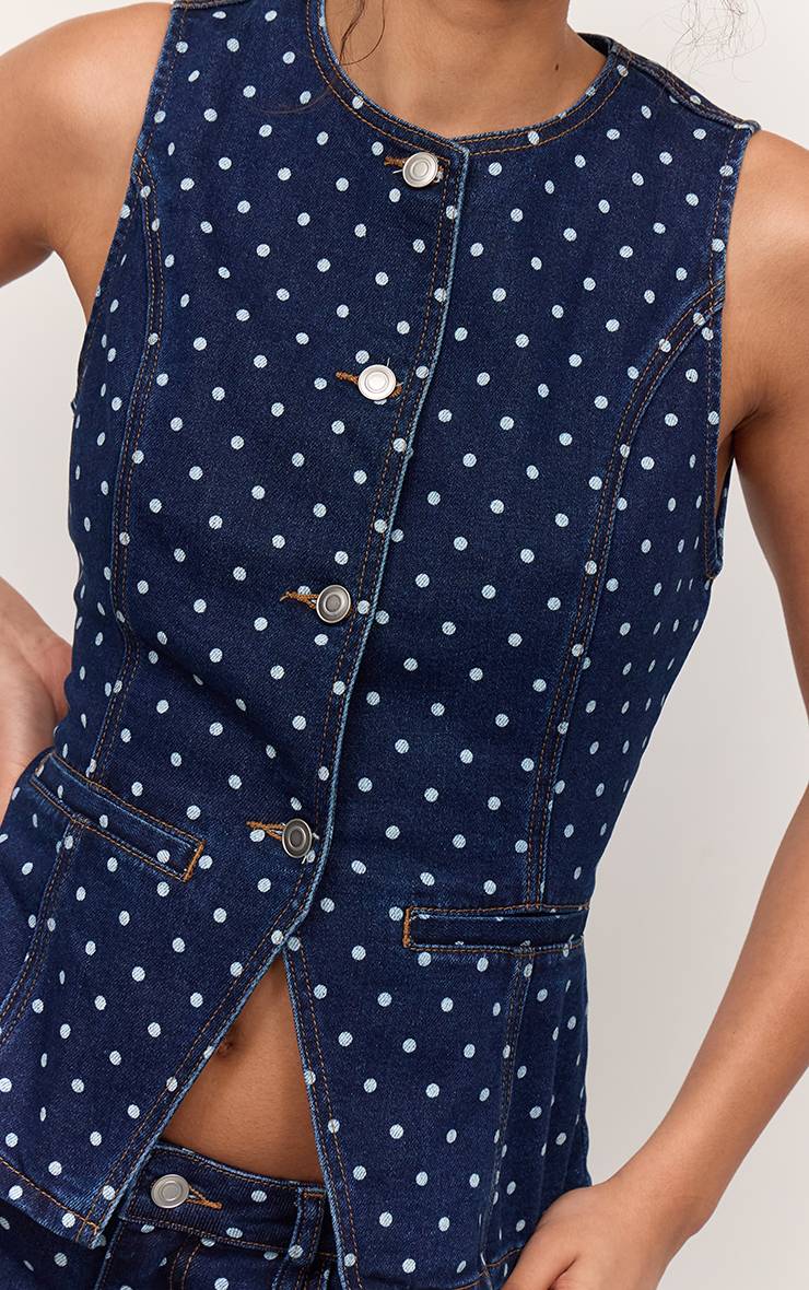 Bleu Indigo Gilet Long En Jean Ajusté À Pois