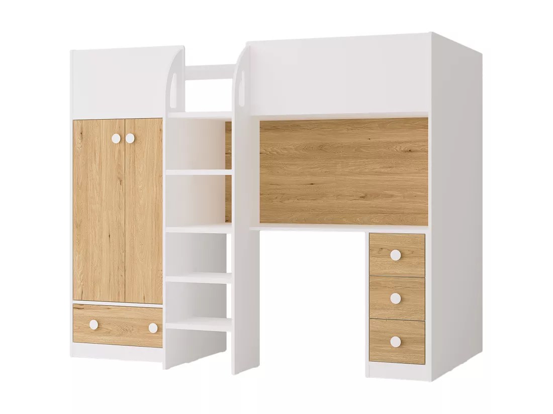 Lit mezzanine 90 x 190 cm avec armoire et bureau - Blanc et naturel - CINAMO
