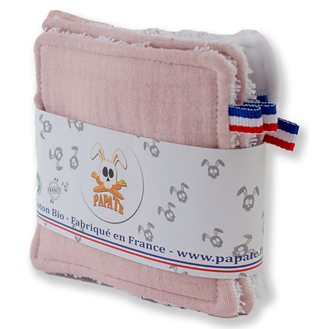 Papate Lingettes lavables en Coton Bio blanc/rose - 10x10 cm