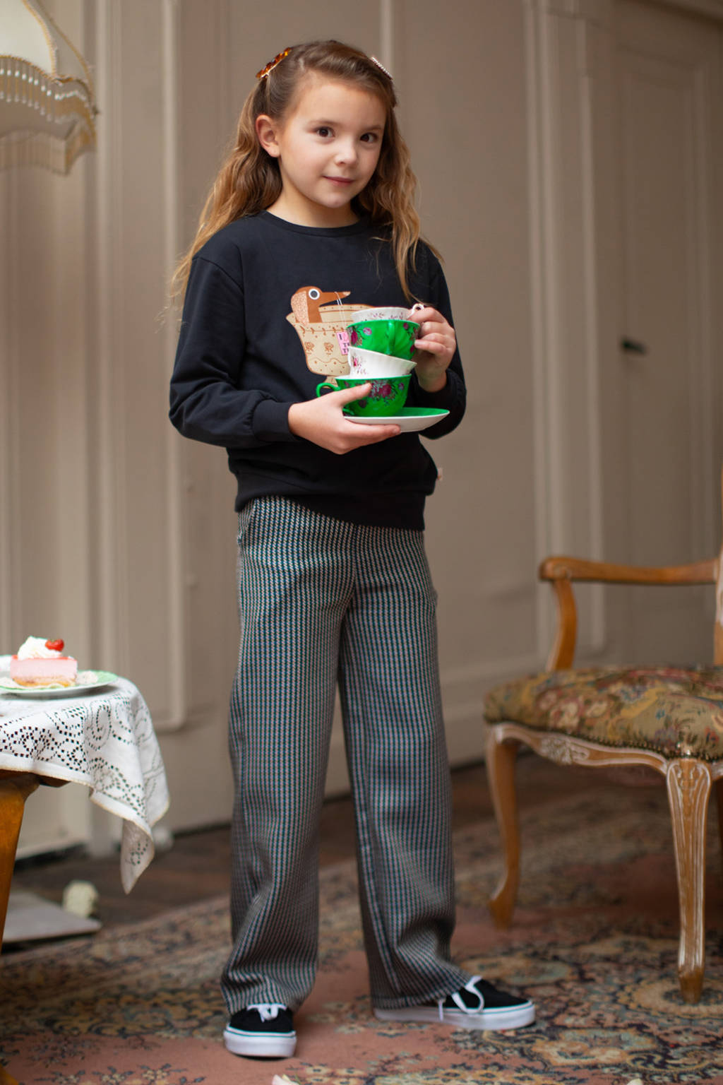 Moodstreet straight fit broek Belle met all over print zwart/ecru