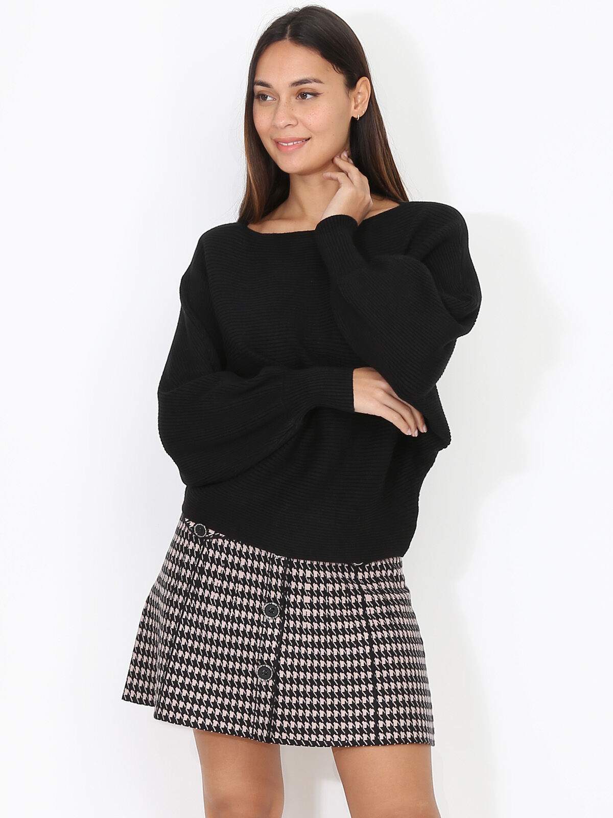Pull classique en maille côtelée- Noir