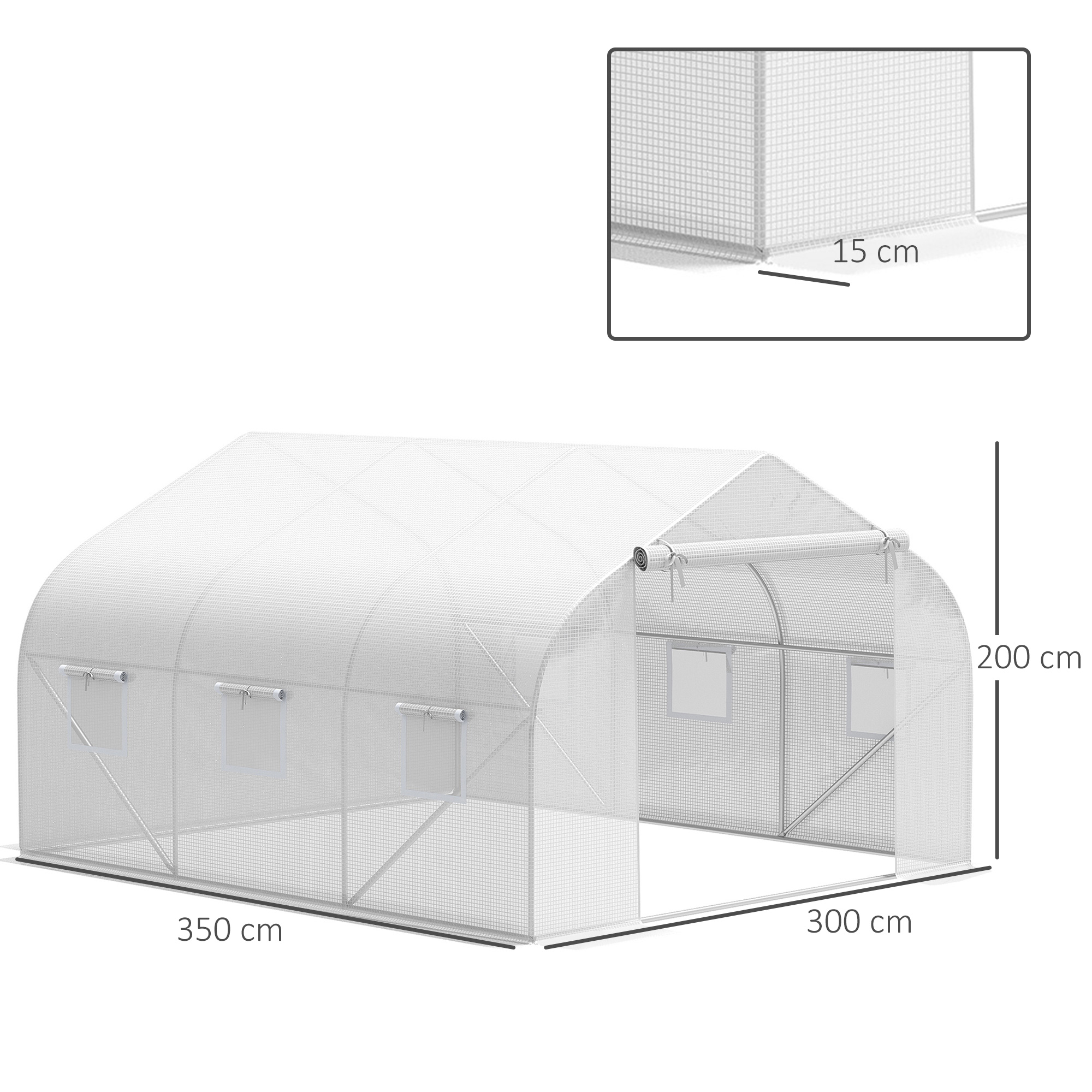 Cobertura de estufa túnel Outsunny 3,5x3x2 m, cobertura de substituição em polietileno com 6 janelas e porta de enrolar, proteção para plantas de jardim, branca.