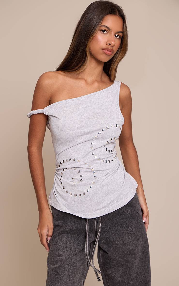 Gris Cendré Top Asymétrique À Détails De Clous Tourbillons Petite
