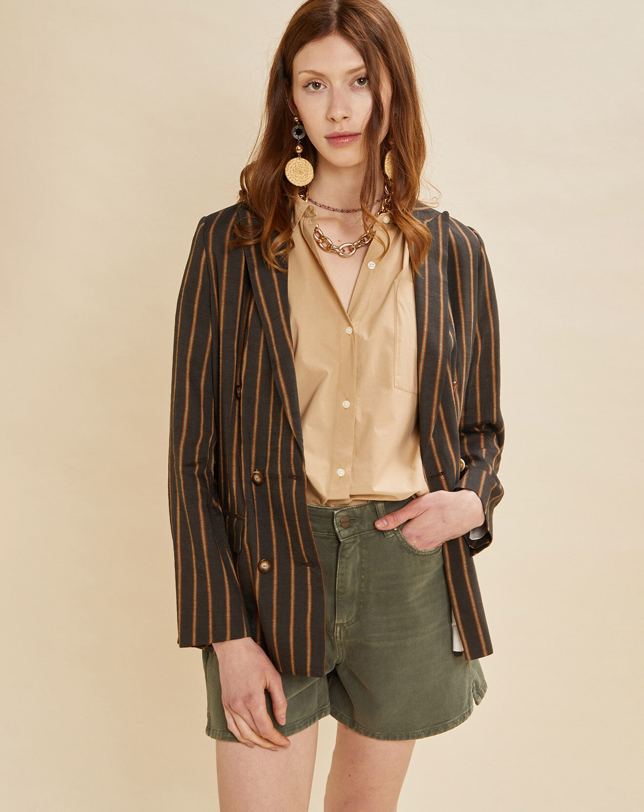 Chloé Stora Veste blazer en Lin mélangé Valeria rayée kaki