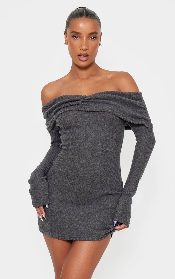 Gris Robe Moulante À Manches Longues Côtelée Brossée Col Bardot