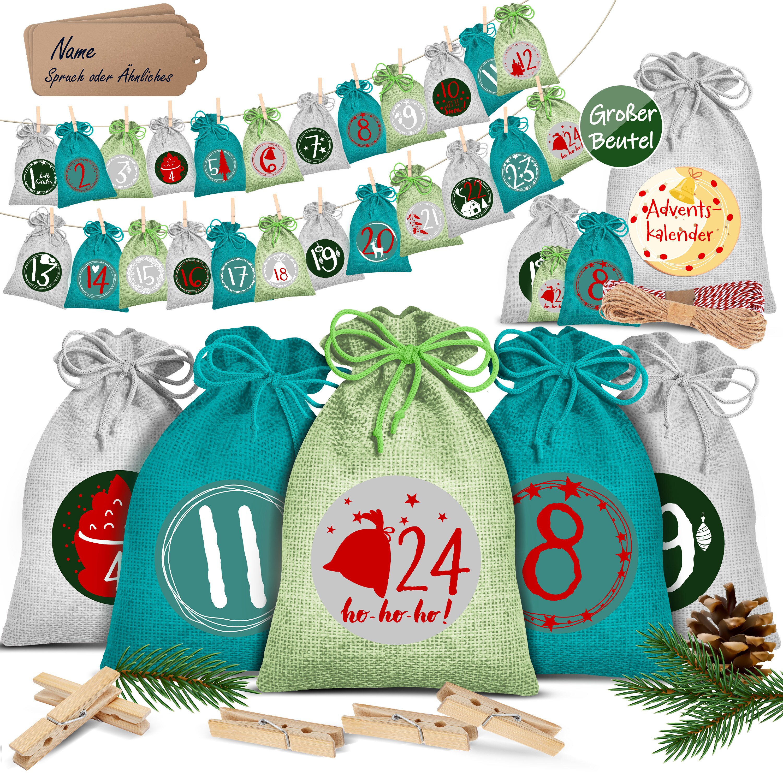 KESSER® Adventskalender zum Befüllen 24 Jutebeutel Gedruckte Stoffbeutel Kinder Weihnachtskalender zum Selber Befüllen Inkl.. 24x Schildchen + 1 Großer Aufbewahrungsbeutel Stoff
