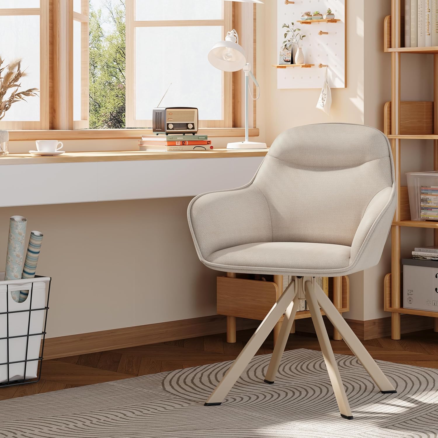 Esszimmerstuhl Beige mit Armlehne 4er Set drehstuhl Esszimmer Küchenstuhl Polsterstuhl aus Polyester mit Metallbeine und Rückenlehne für Esszimmer Küche Büro