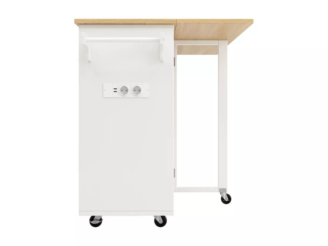 Ilot central de cuisine - chariot à roulette avec prises - avec plan extensible - 2 portes 2 tiroirs et casiers à vin - Blanc