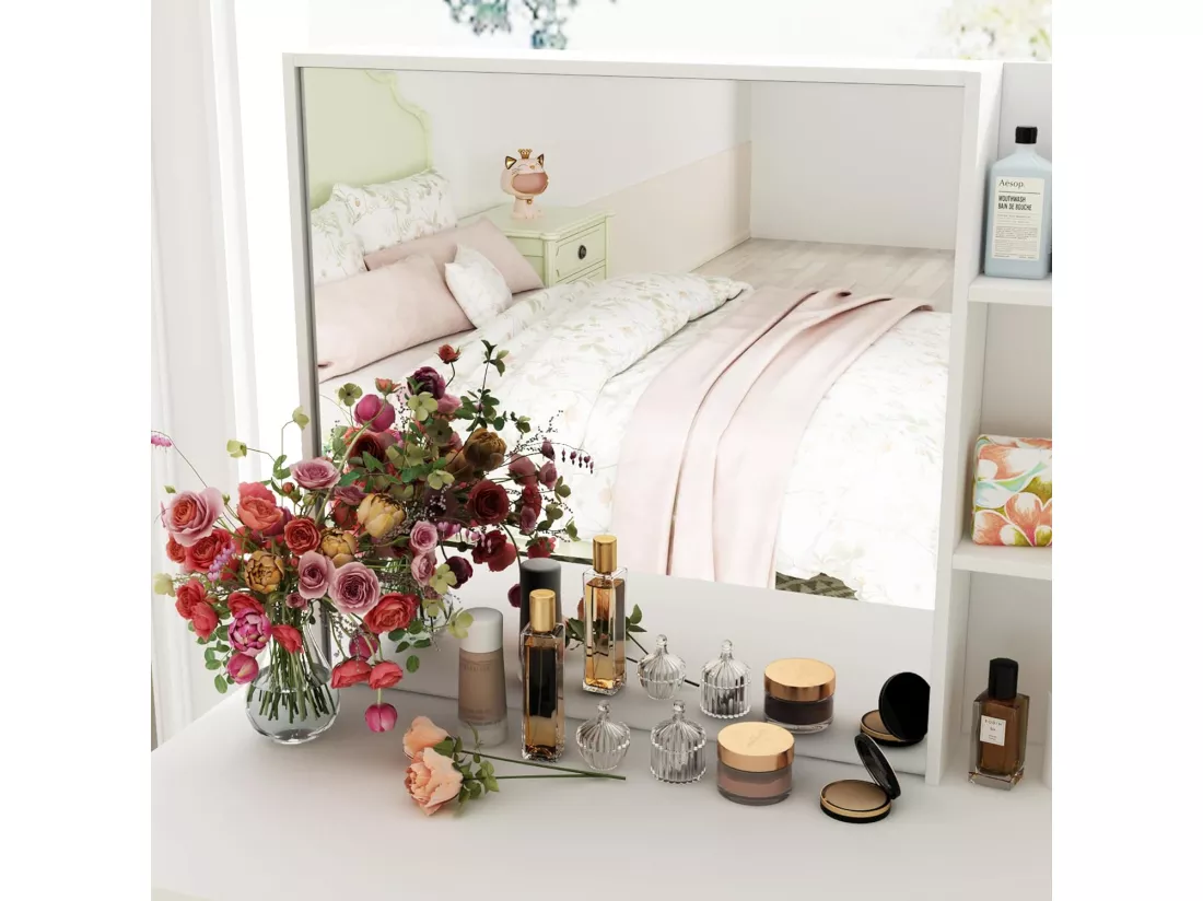 Coiffeuse avec miroir et 5 tiroirs Compariment ouvert Tabouret Blanc Chambre 50x100x135cm