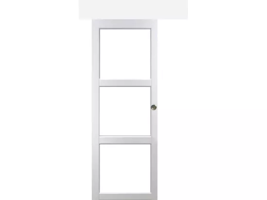 Porte Coulissante Kenya Blanc Vitrage Transparent H204 X L83 + Rail Aluminium Bandeau Blanc Et 2 Coquilles Gd Menuiseries
