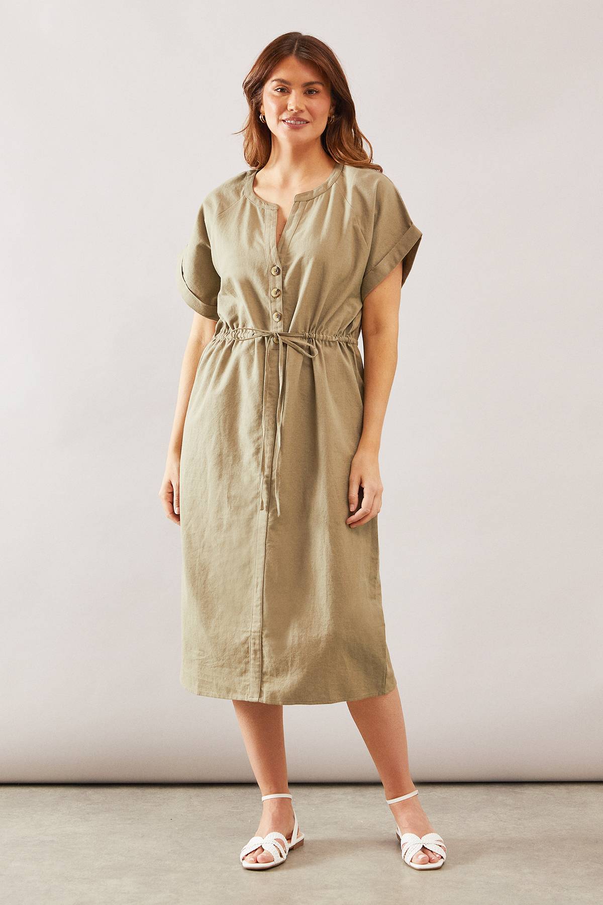 Wallis Robe Midi En Mélange De Lin Avec Boutons Et Cordon De Serrage