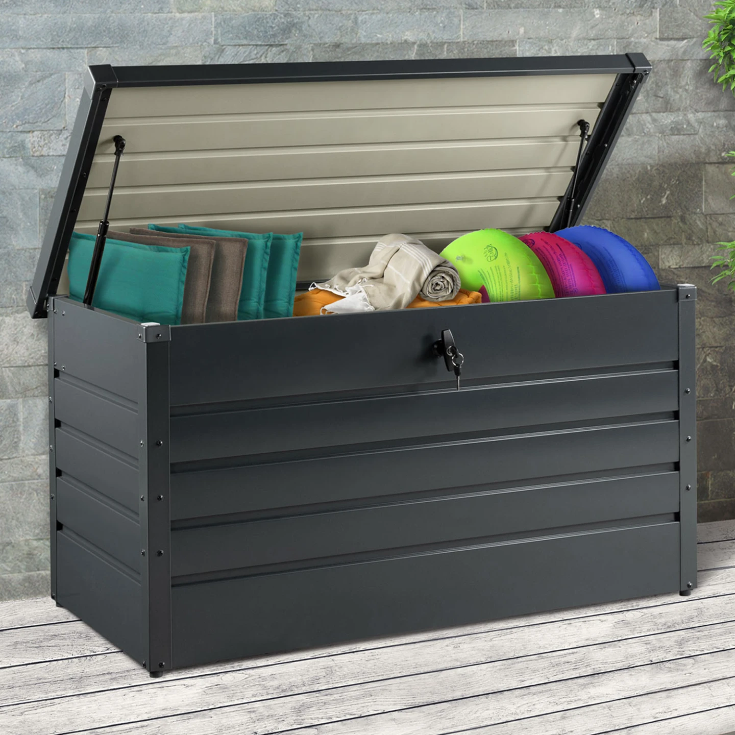 Coffre de rangement métal verrouillable gris anthracite pour jardin 350L 120x62,5x63 cm