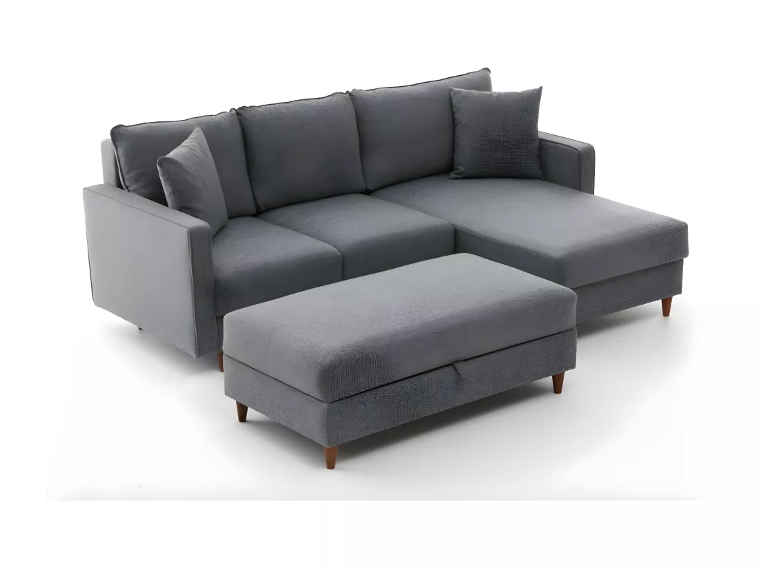 Canapé d'angle à gauche convertible avec pouf-coffre Evania Tissu Gris