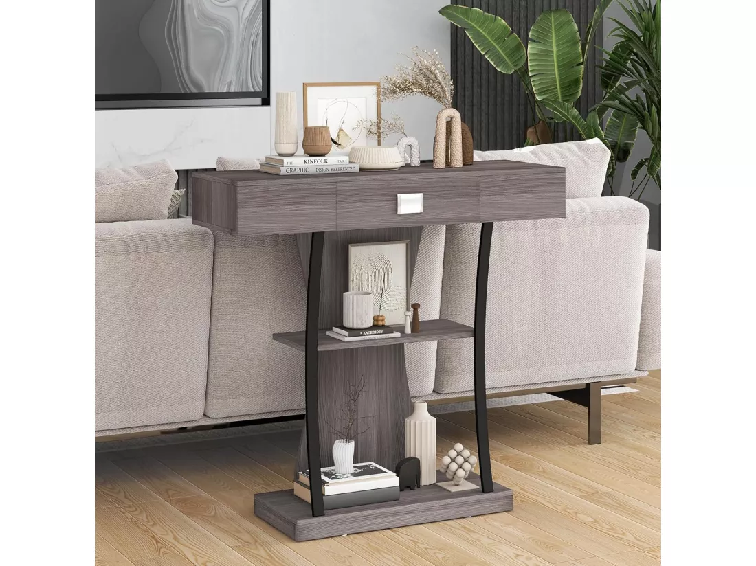 Table de console industrielle à 3 étagères avec tiroir, 91 x 30 x 88cm (gris)