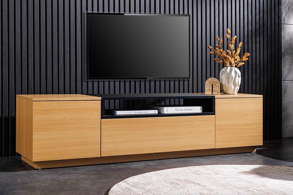 Modernes TV-Board LOFT 160cm natur schwarz drei Fächer mit Schublade
