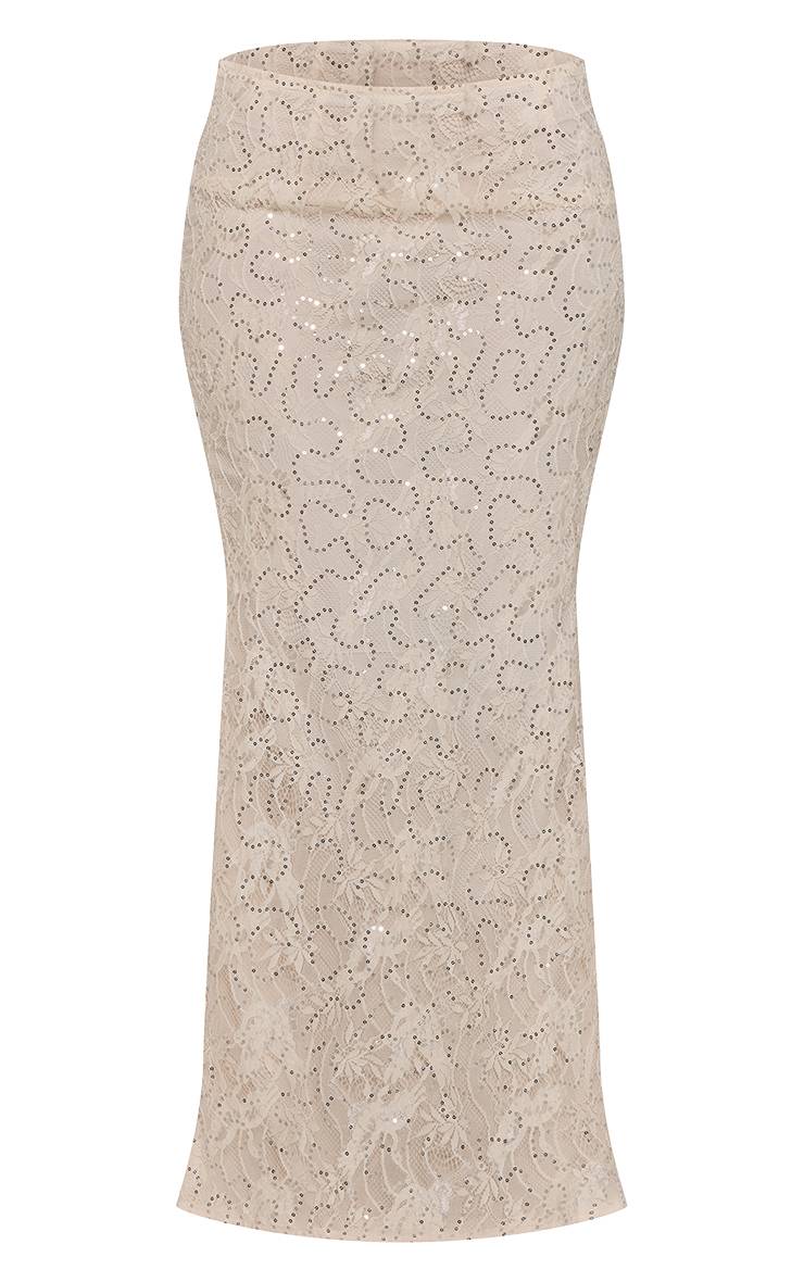 Crème Jupe Longue En Dentelle À Sequins