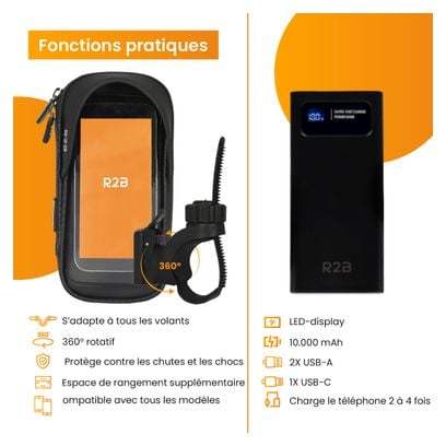 Support et Protection Smartphone Robuste et étanche Pour vélo R2B Rotation à 360 Degrés   Banque d'énergie 10 000 mAh