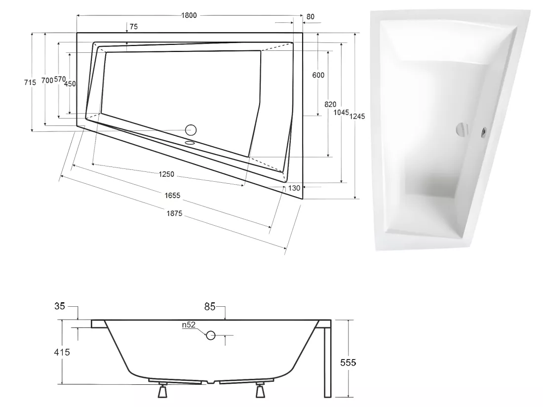 Baignoire asymétrique + tablier blanc + repose tête - INTIMA DUO - 180 cm x 125 cm - Droite