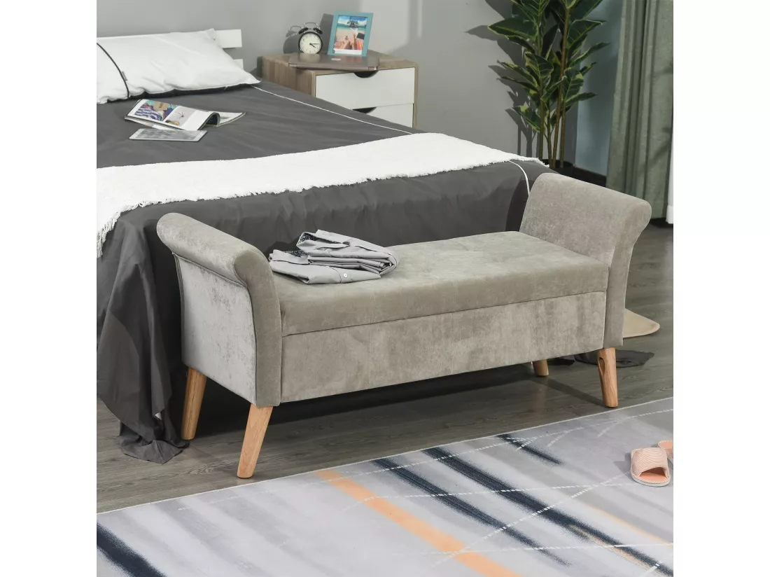 Banc Banquette Design Contemporain Accoudoirs Courbés Fonction de Rangement 2 en 1 136,5 x 45lx 62 cm Gris