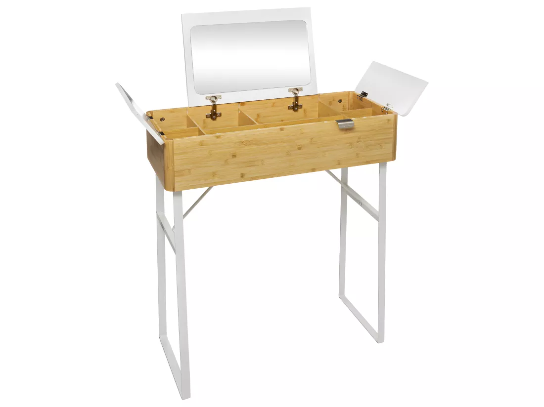 Meuble Coiffeuse 3 ouvertures indépendantes avec Miroir intégré en Bambou et Métal