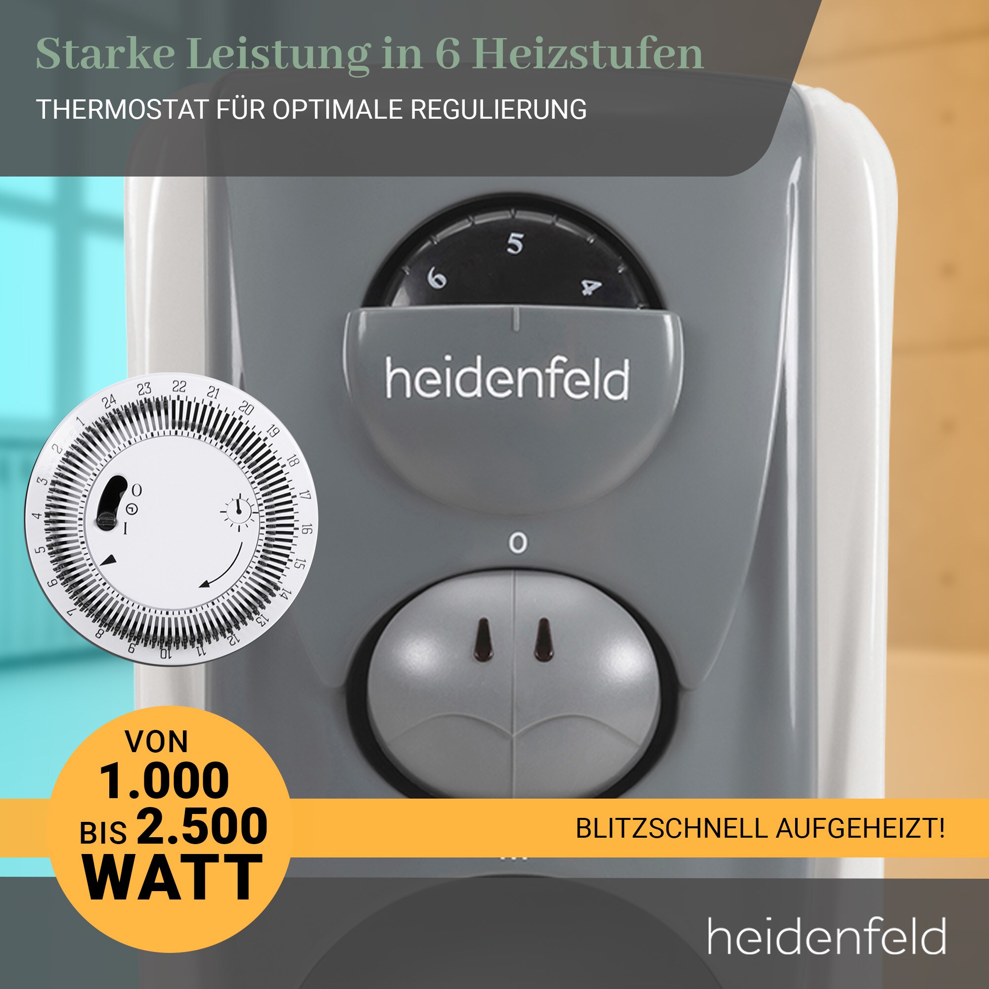 Heidenfeld Ölradiator ÖR200, Thermostat, Timerfunktion, 1000-2500 Watt, 6 Stufen, 3 Jahre Garantie