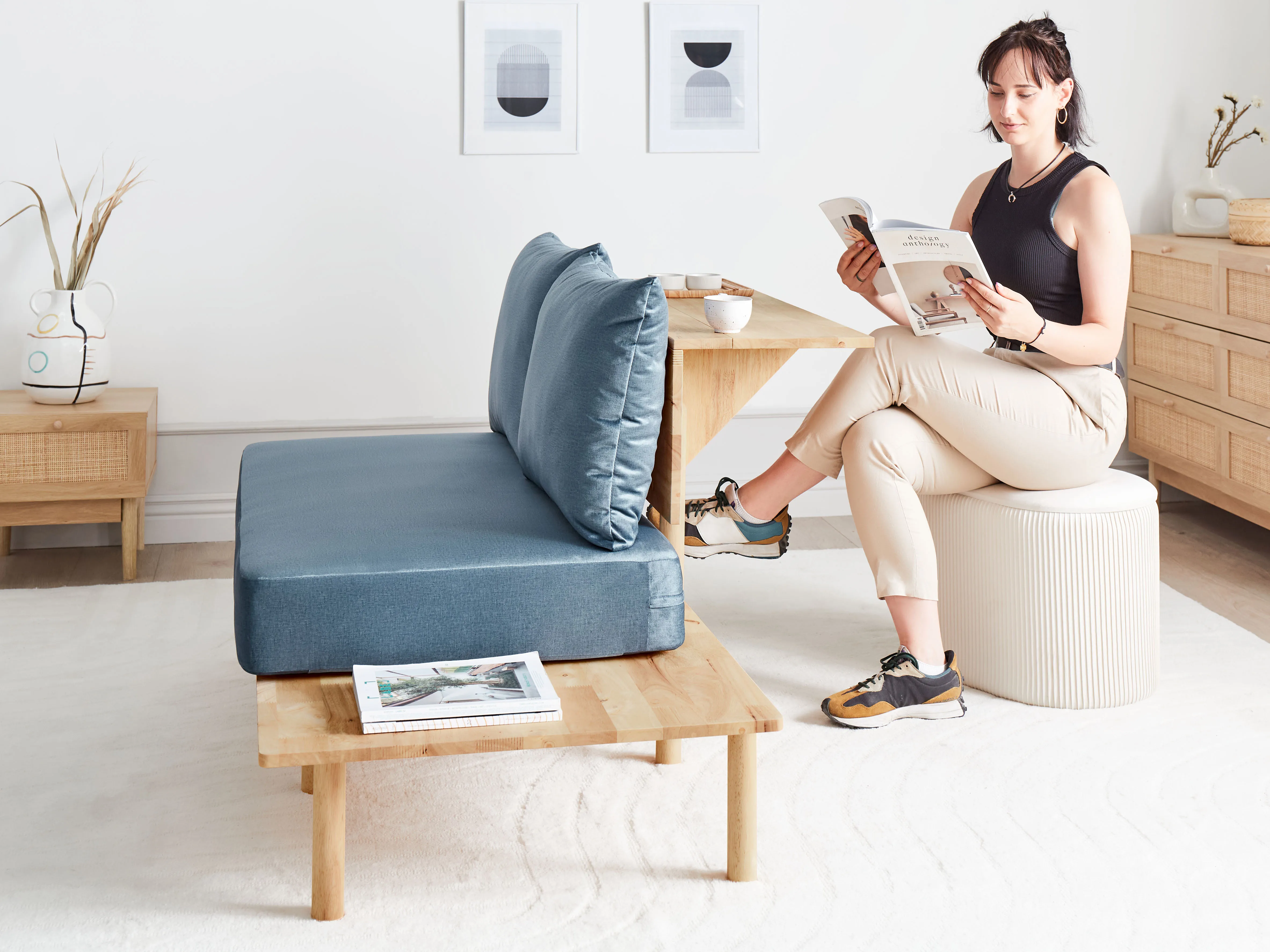 Bank 2-zits SALO Stof Blauw met tafels