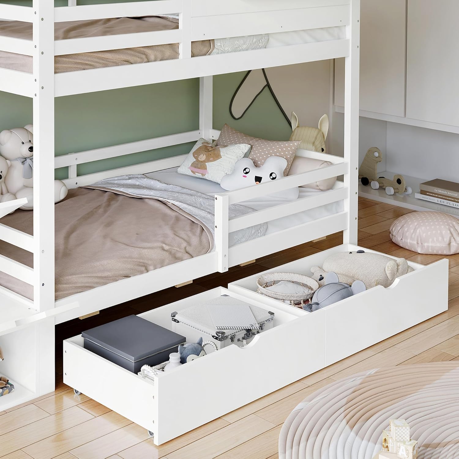 Kinderbett 90x200 cm, Etagenbett mit Stauraumtreppe, Hausbett mit Fenster, Multifunktionsbett mit 2 Schubladen, Bettgestell mit Fallschutzgitter für 2 Kinder, ohne Matratze, Weiß+Natur
