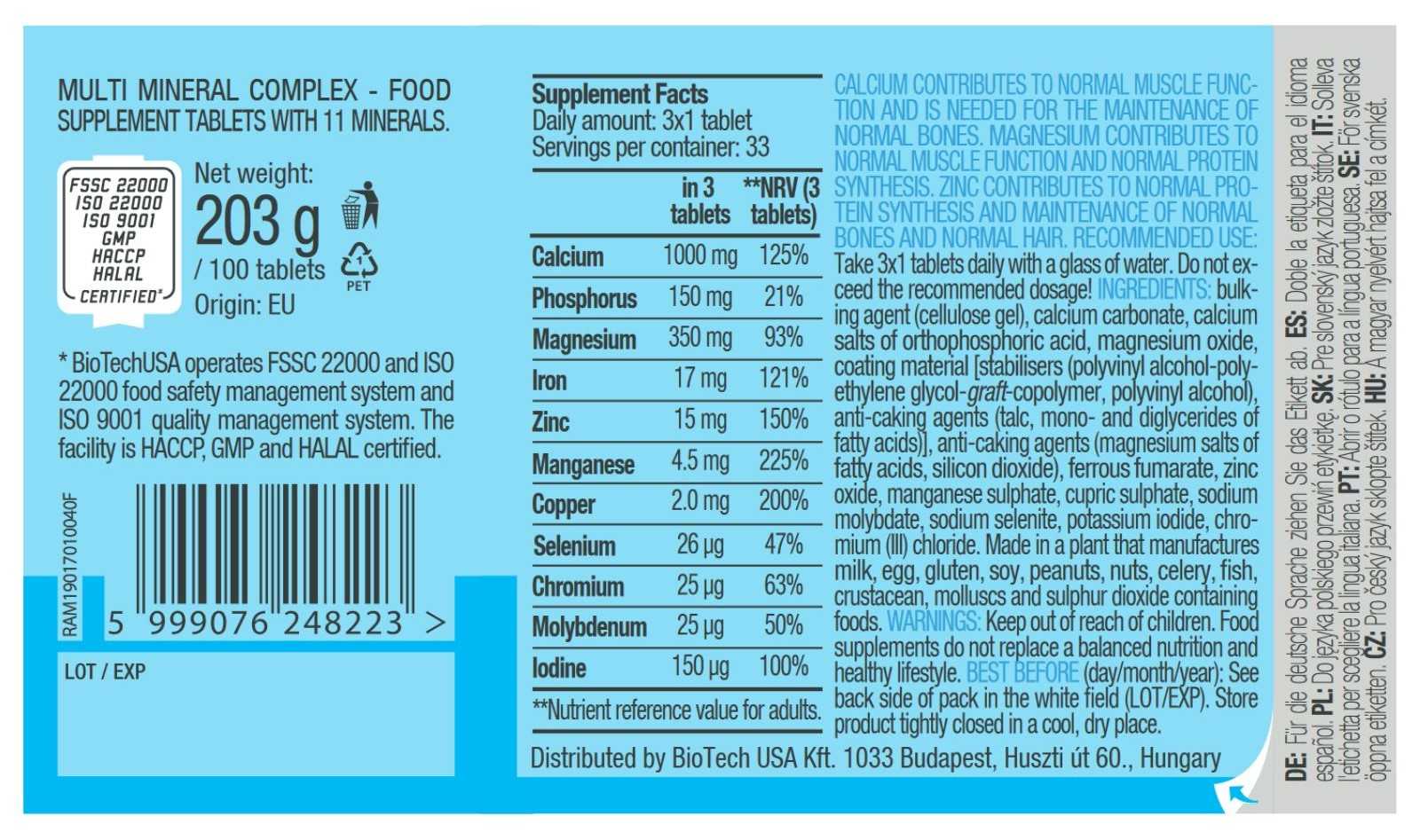 Biotech USA Complexo Multimineral 100 Comprimidos