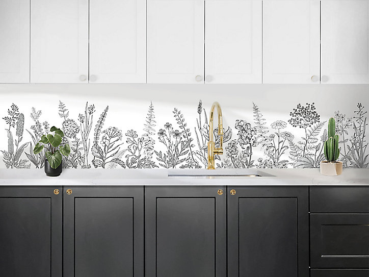 Crédence de cuisine auto-adhésive Caméléo design champ fleuri noir et blanc l. 200 cm x H. 40 cm x ép. 0,2 mm