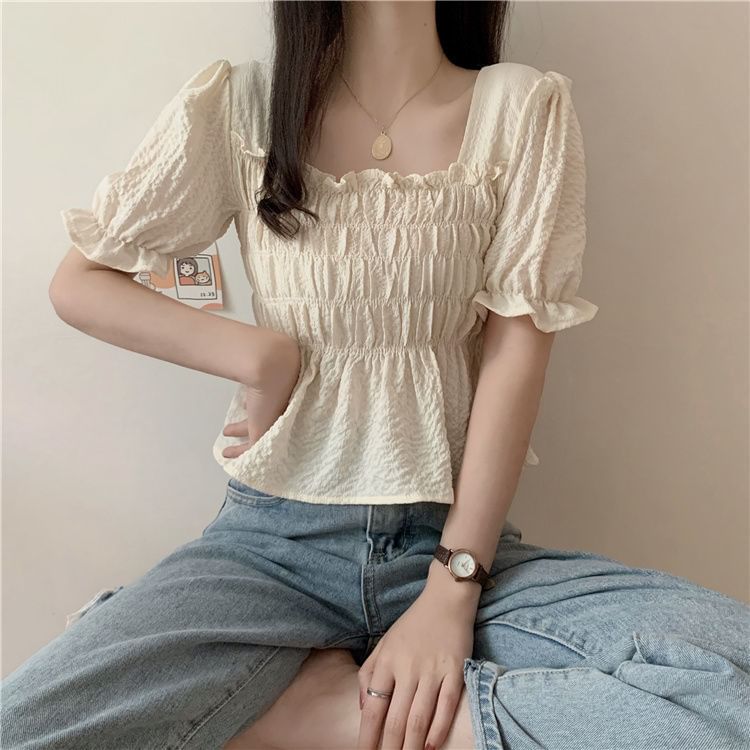 Sisyphi - Blouse met pofmouwen, vierkante hals, effen volantrand en gesmokte peplum