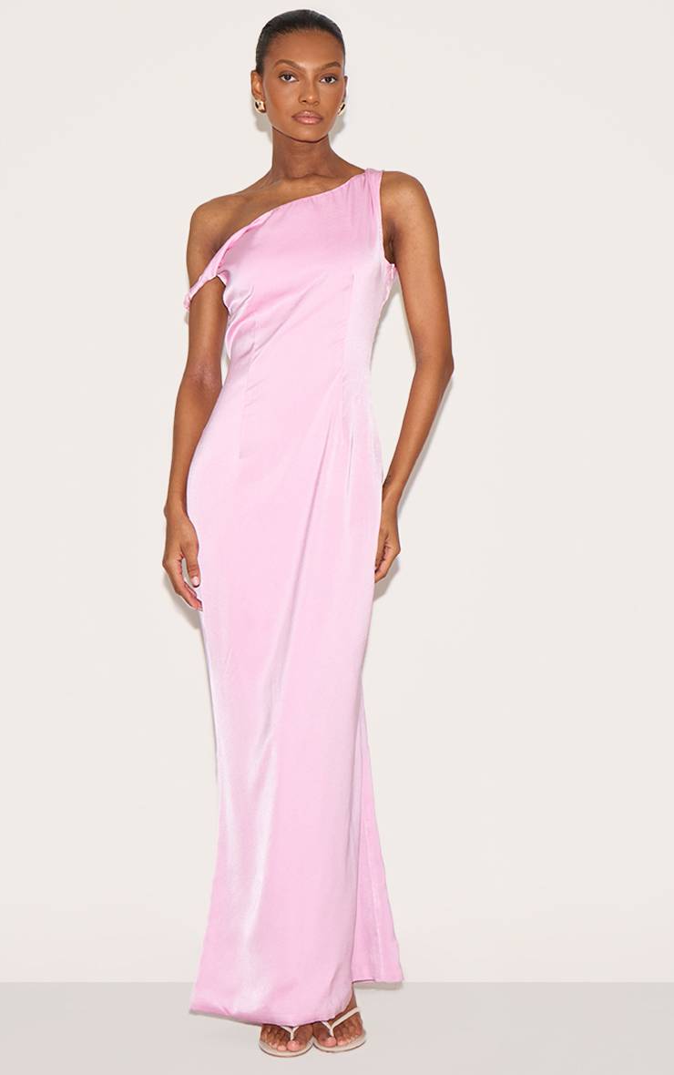 Rose Bonbon Robe Longue Asymétrique En Satin Avec Col Bardot Torsadé