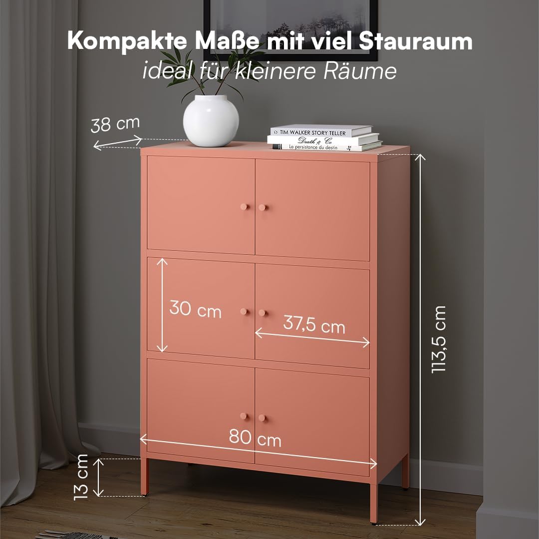 skølm Atriona Metall Kommode – Sideboard mit 3 Fächern & 6 Türen – Metallschrank in Terrakotta – Mehrzweckschrank – Highboard 80 cm breit – höhenverstellbare Füße – Aufbewahrungsschrank – Flurschrank