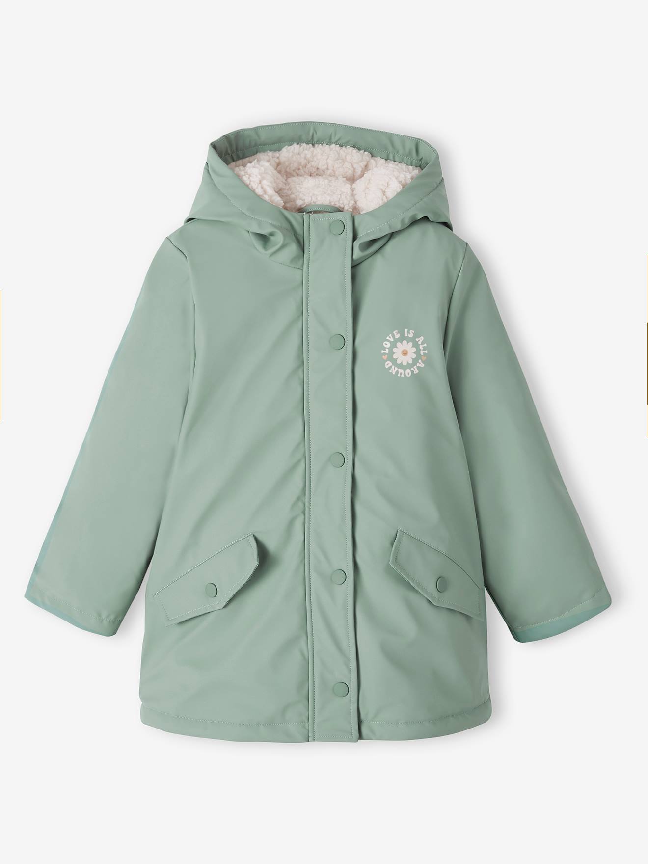 Capa de chuva forrada com sherpa e estampa de líquen para meninas