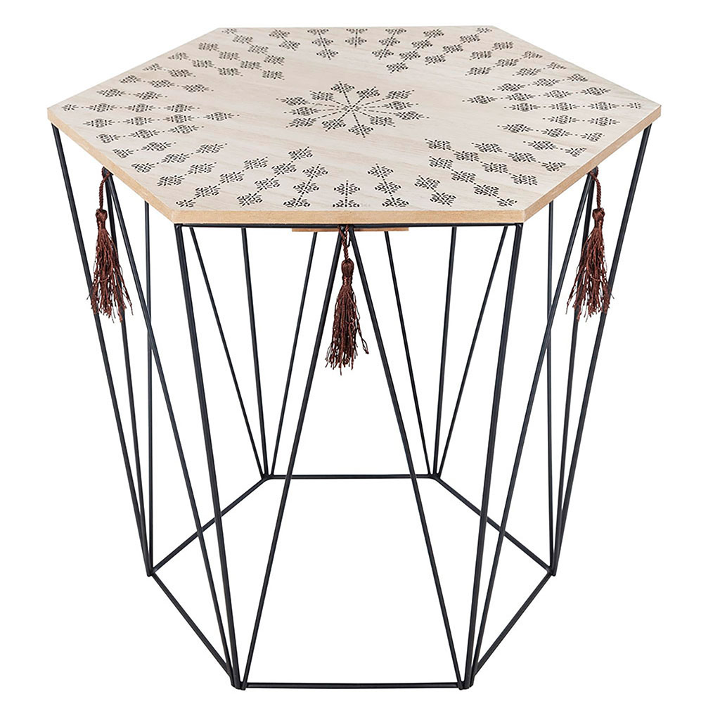 Table d'appoint ethnique hexagonale KUMI à pompons 43.5x38x40cm