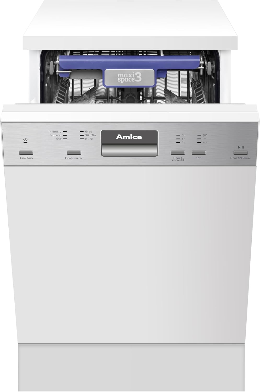 Amica EGSP 14895-1 E Einbau-Geschirrspüler / teilintegrierte Spülmaschine mit Edelstahlblende (ohne Möbelfront) / 45cm Breite / 10 Maßgedecke / 6 Programme / Aquastopp / Besteckschublade