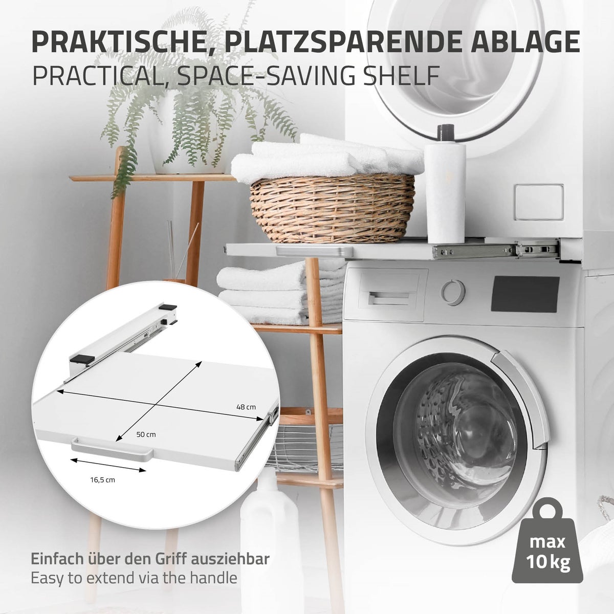 ML-Design Stapelframe met uitschuifbare plank, staal, 60x60 cm, wit, verbindingsframe voor wasmachine/droger, stapelkit met uitschuifbare plank voor wasmand, universeel stapelframe